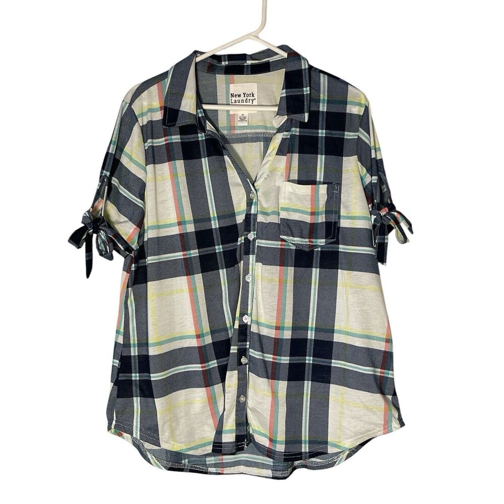New York Laundry Womens Top Shirt Blouse Size Plaid Short Sleeve Size XL